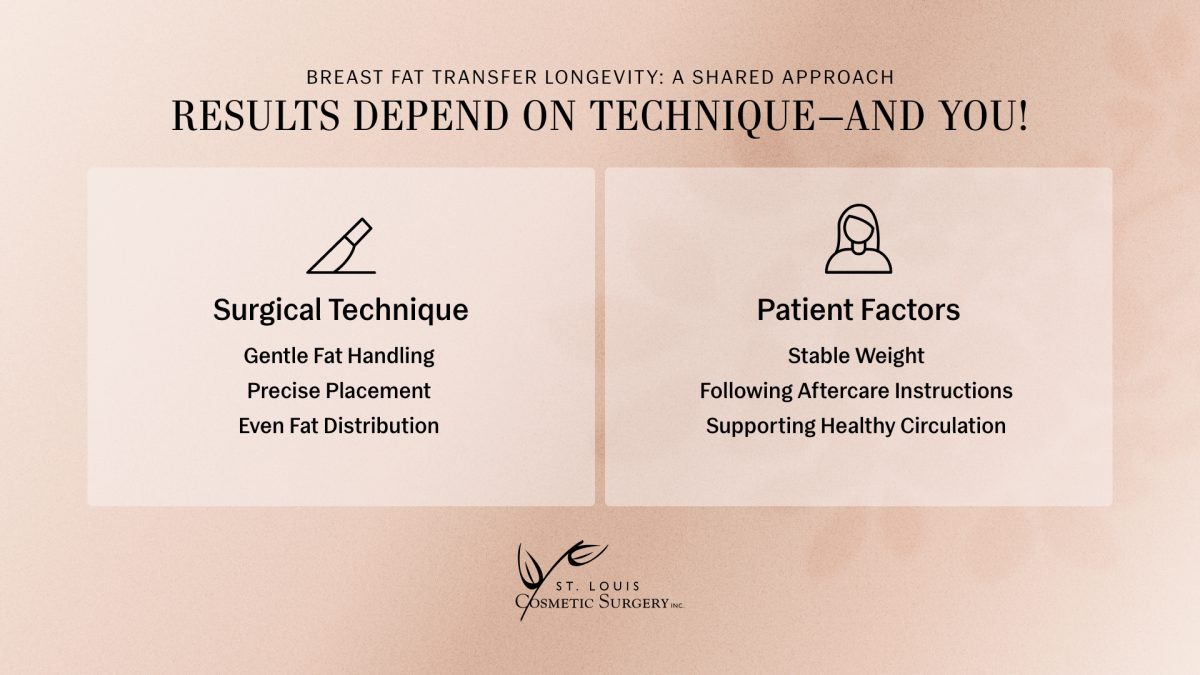 Infographic from St. Louis Cosmetic Surgery on Breast Fat Transfer Longevity. Includes two columns listing surgical technique and patient factors that plays a role in your result.